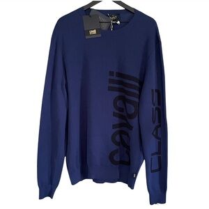 Roberto Cavalli Men’s Logo Intarsia Cotton Crewneck Sweater Navy XXXL New